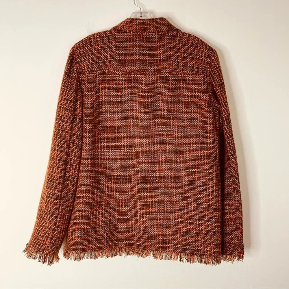 Vintage orange brown tweed wool fringe button preppy office blazer medium